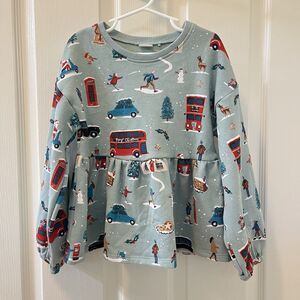 Next UK Christmas in London Peplum Sweatshirt Tunic Top Green Girls Size 6-7 yrs
